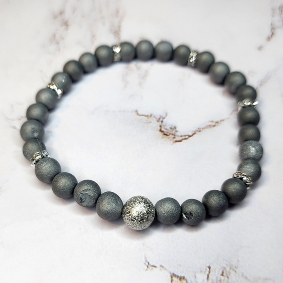 Silver Gemstone Druzy Agate Beaded Stretch Bracelet Smooth Matte rhinestone - Picture 2 of 9
